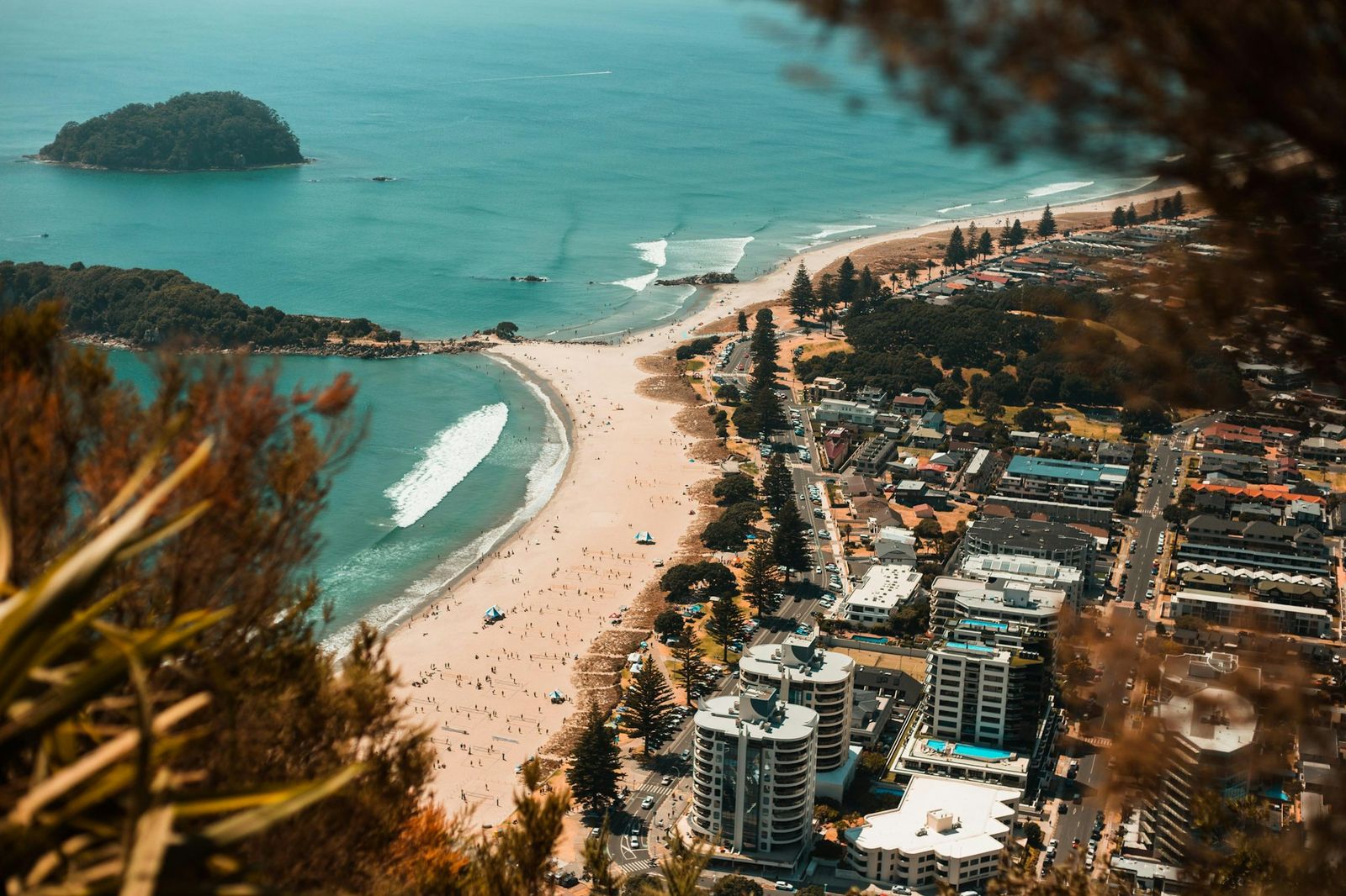 Mount Maunganui, Moturiki Island and the Tauranga coastline from the Mauao lookout